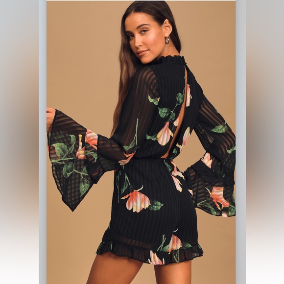 Lulus Talking Sweet Black Floral Print Long Sleeve Cutout Romper - Size S - Picture 2 of 6